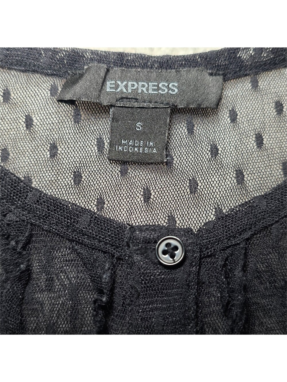 Express Sheer Polka Dot + Ruffles Short Sleeve Button Down Black Size Small - Picture 2 of 3